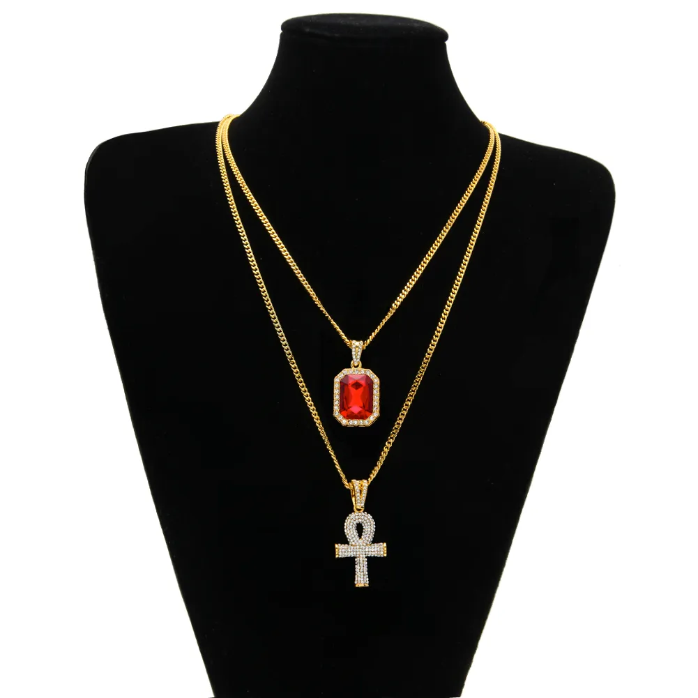 Egyptian Ankh Key of Life Bling Rhinestone Cross Pendant With Red Ruby Pendant Necklace Set Men Hip Hop Jewelry