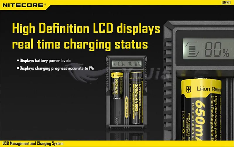 정품 Nitecore UM20 디지털 스마트 USB 충전기 18650 17650 17670 RCR123A 16340 14500 D2