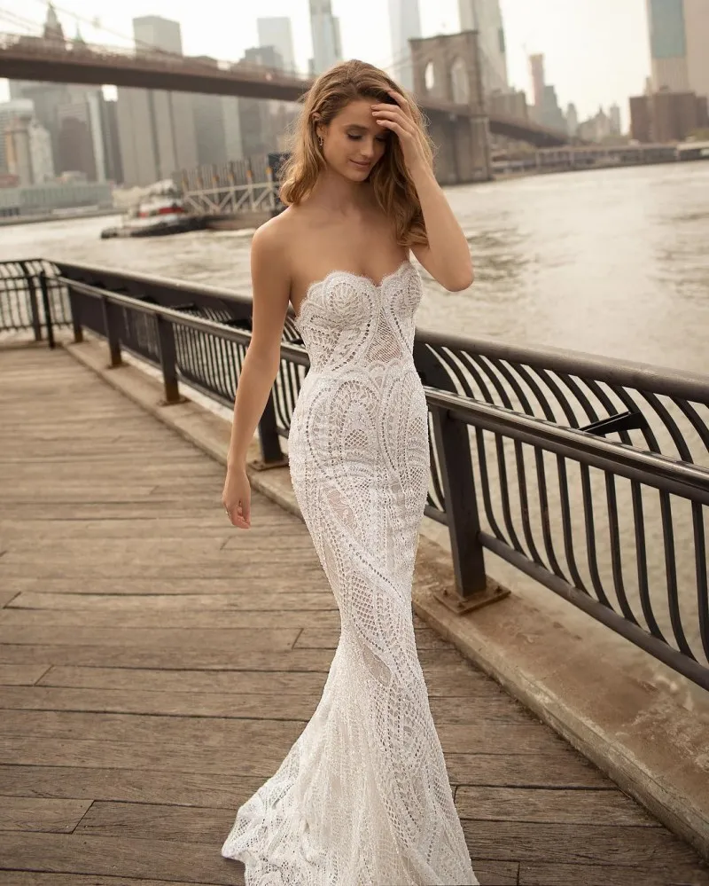 2019 Berta Mermaid Wedding Dresses Lace Appliqued Sweetheart Backless Bridal Gowns Sweep Train Beach Wedding Dress