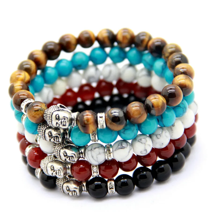 Vente en gros 10 pcs / lot Bracelet de Bouddha perlé pour hommes, Turquoise, Onyx noir, Agate de veines de dragon rouge, Bijoux en pierre semi-précieuse d'oeil de tigre