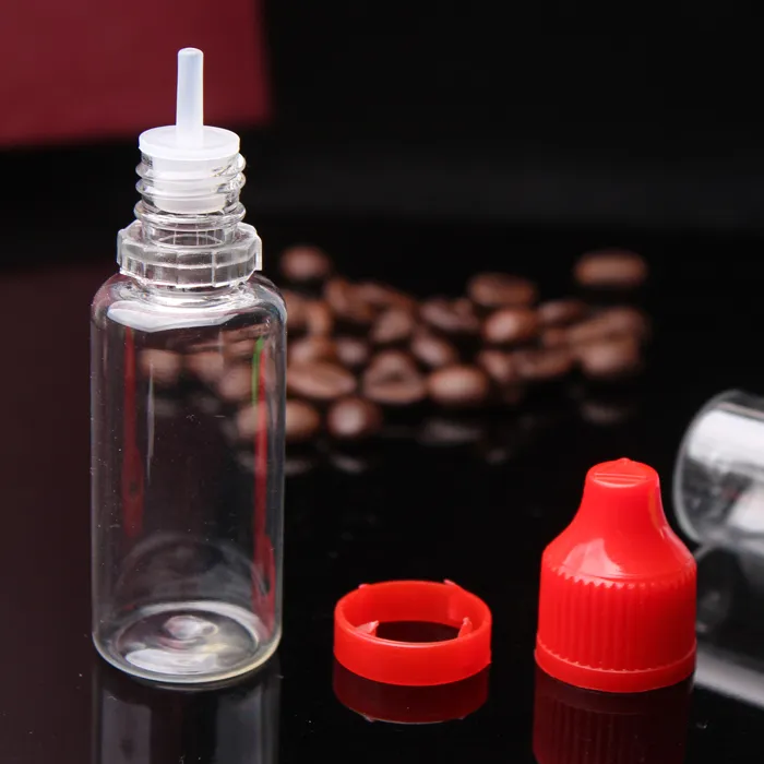 Kleurrijke tamper duidelijke afdichting en kindbestendig lege fles 15 ml e vloeibare plastic druppelaar flessen met lange dunne tips voor ejuice etherische olie