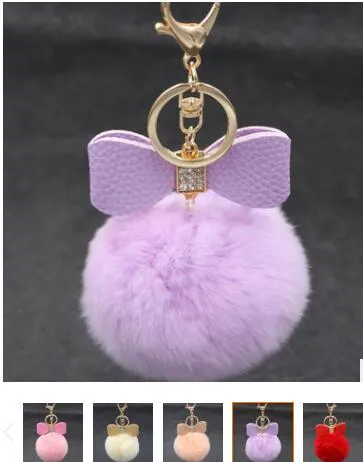 Bowknot Fur Pom -keychain Real Rex Rabbit Fur Ball Ball Chains Fur Key Ring Bead Chain for Bag 286e