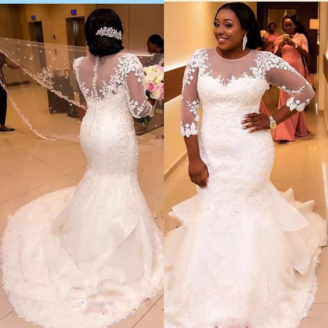 2017 Afrikanska Nigerian Mermaid Bröllopsklänningar 2017 Nya långa ärmar Lace Appliques Illusion Plus Storlekståg Tåg Tiered Formal Bridal Gowns