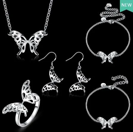 2017 nouvelle mode placage 925 en argent sterling Belle Papillon Bracelet Collier Cheville Anneau Boucles D'oreilles femme de mariage Ensemble de Bijoux