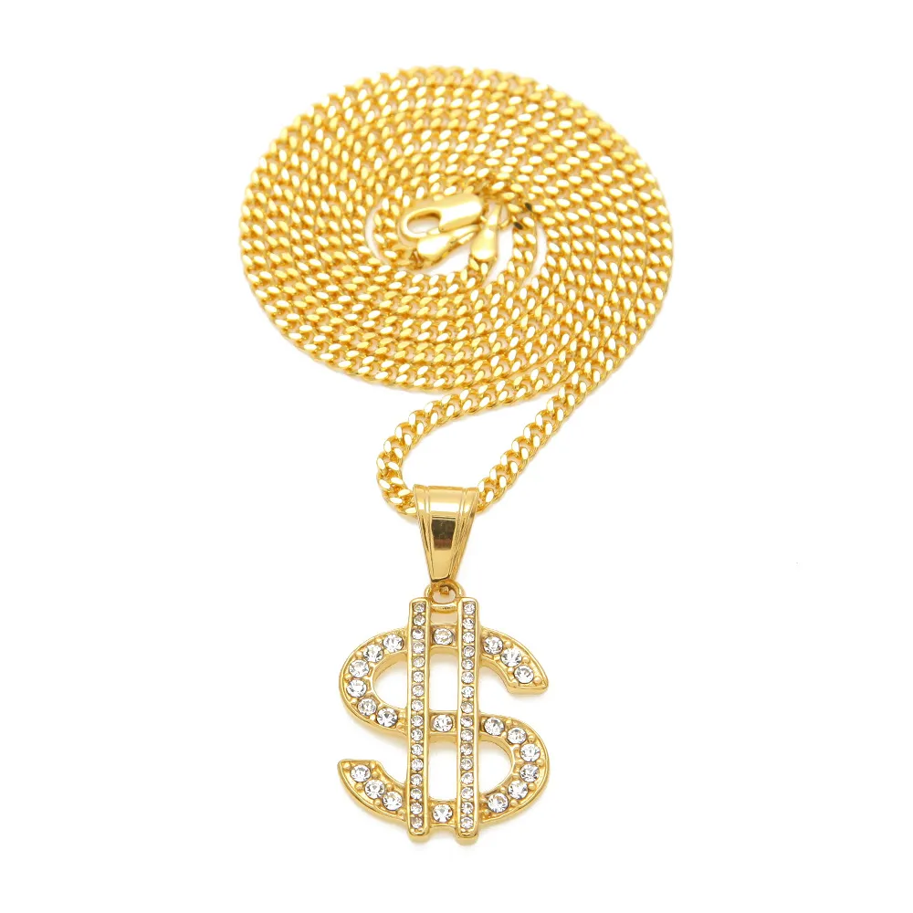 18k placcato oro Hip Hop Bling Bling segno del dollaro catena d'oro dollaro con gioielli collana ciondolo strass