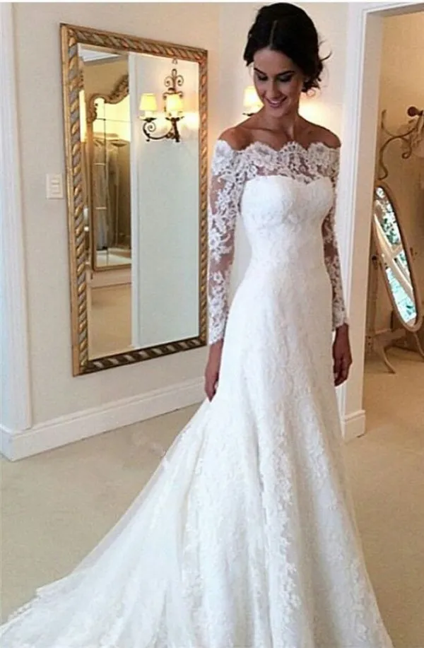 2019 Lace Wedding Dresses Off Shoulder Applique A Line Long Sleeves Vintage Bridal Gowns With Buttons Back Bridal Dresses
