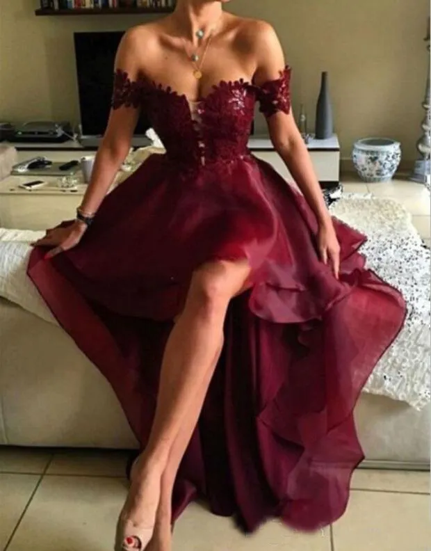 Sexy 2017 Burgundy Lace And Organza High Low Prom Dresses Cheap Off The Shoulder Backless Formal Party Gowns Custom Made China EN2131