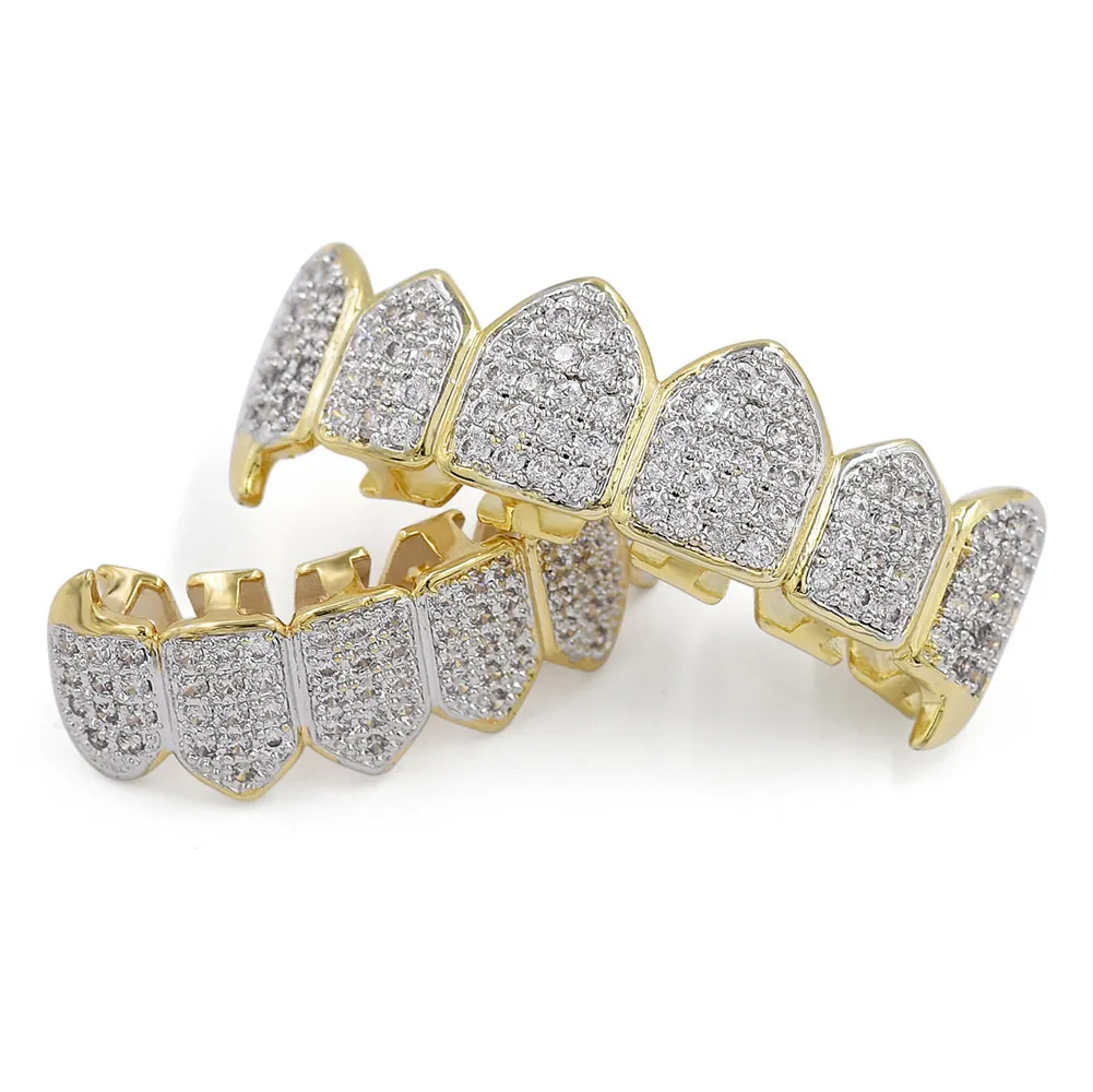 Hip Hop Iced Out CZ Mouth Teeth Grillz Caps Top Bottom Grill Set Men Women Vampire Grills4249379