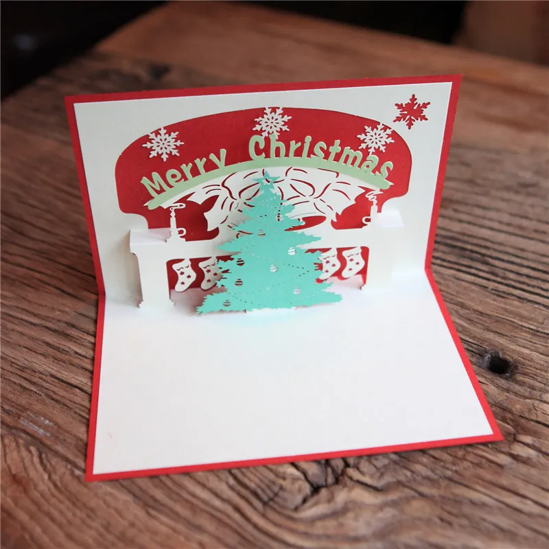 Handmade Merry Christmas Tree Greeting Cards Creative Kirigami Origami 3D Pop Up Card For Kids Friends