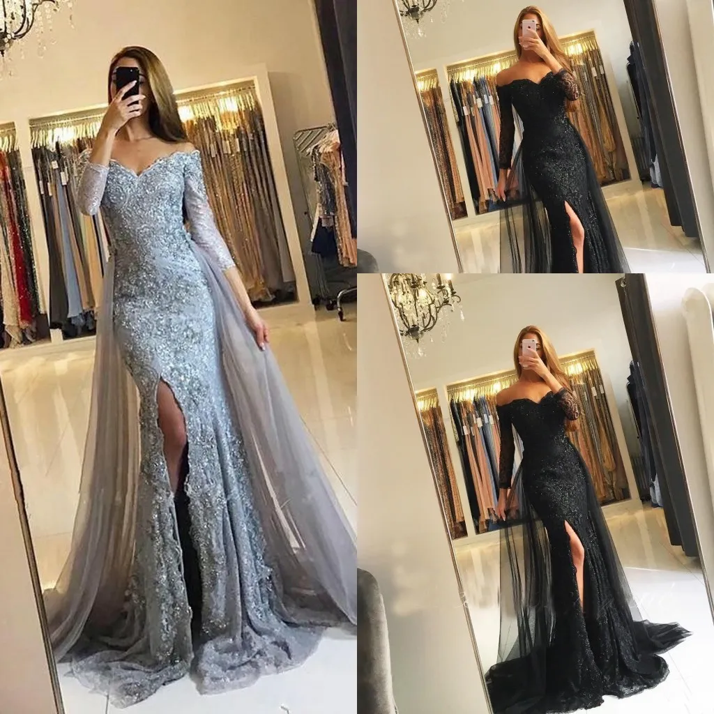 Evening Dresses Wear 2018 New Silver Gray Black Off Shoulder Lace Appliques Beaded Tulle Split Long Sleeves Party Dress Formal Prom Gowns