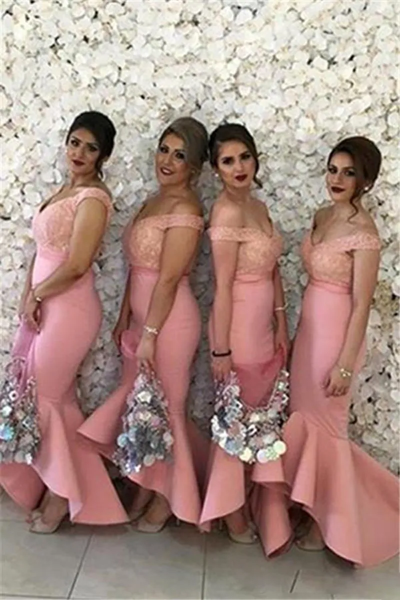 2017 арабский Африканский платья невесты с плеча розовые кружева аппликации высокий низкий Русалка свадебная гостевая одежда плюс размер фрейлина платья
