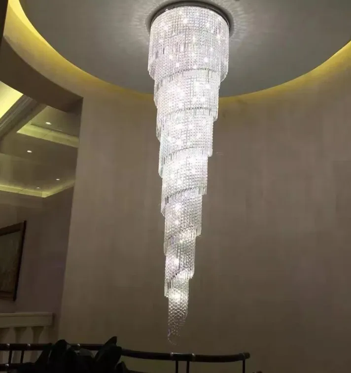 Modern lång spiral ljuskrona kristall lampa lampor glanstrappa belysningsarmaturer duplex villas hotell lobby hängande ljus