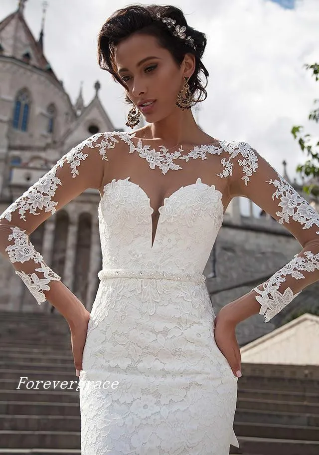 Abito da sposa a maniche lunghe in pizzo a sirena sudafricano Abito da sposa sexy da donna con scollo rotondo Plus Size Custom Made Vestido De Noiva Longo