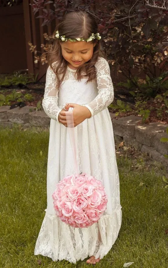 Laço boho vestido da menina de flor com mangas compridas júnior vestido de dama de honra vestido de primeira comunhão