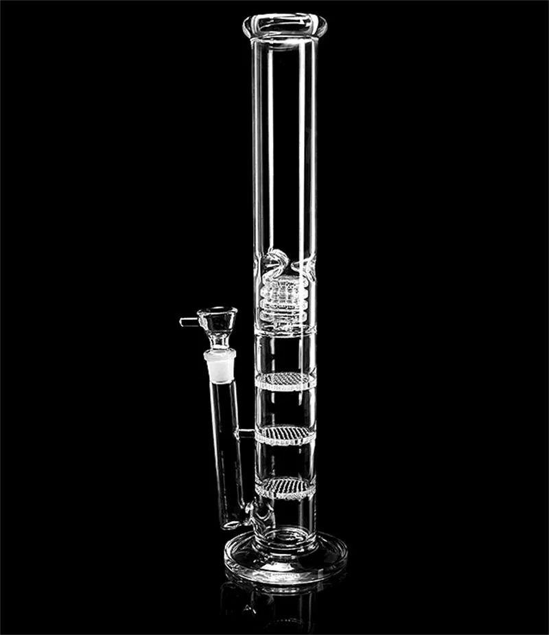 Brand Quality 17.5" inches Glass Bong water pipe Straight pure glass TreePerc glass bongs with three Honeycomb Tire Percolator