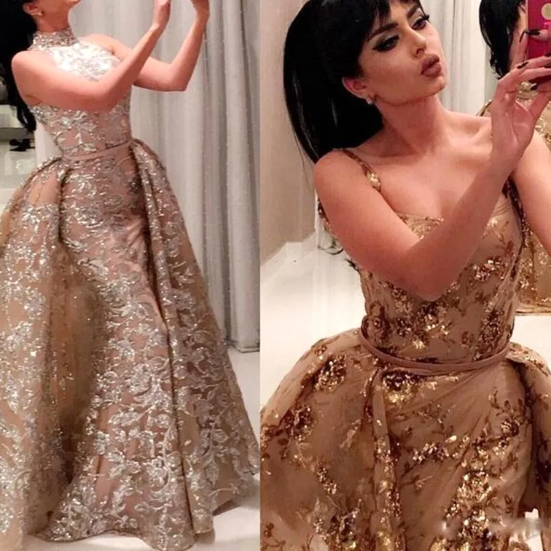 2017 Büyüleyici Sparkle Mermiye Balo Elbise Ile Ayrılabilir Aşırı Iki Stil Boyun Çizgisi Sequins Aplikler Uzun Abiye giyim Kırmızı Halı Elbise