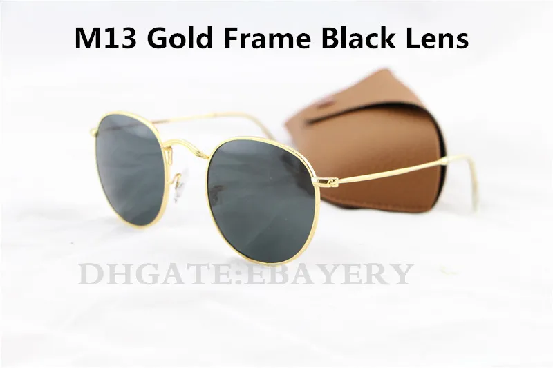 5 uds gafas de sol redondas de moda gafas de sol Metal dorado espejo con Flash azul 50mm lente de cristal para hombres y mujeres con marrón 300Z