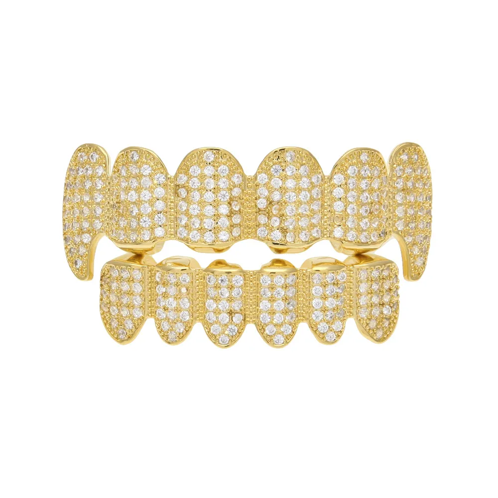 Grills New Custom All Iced Out Exclusive Luxury Top&Bottom Silver Gold Grillz Set Vampire & Classic Teeth for Women Men