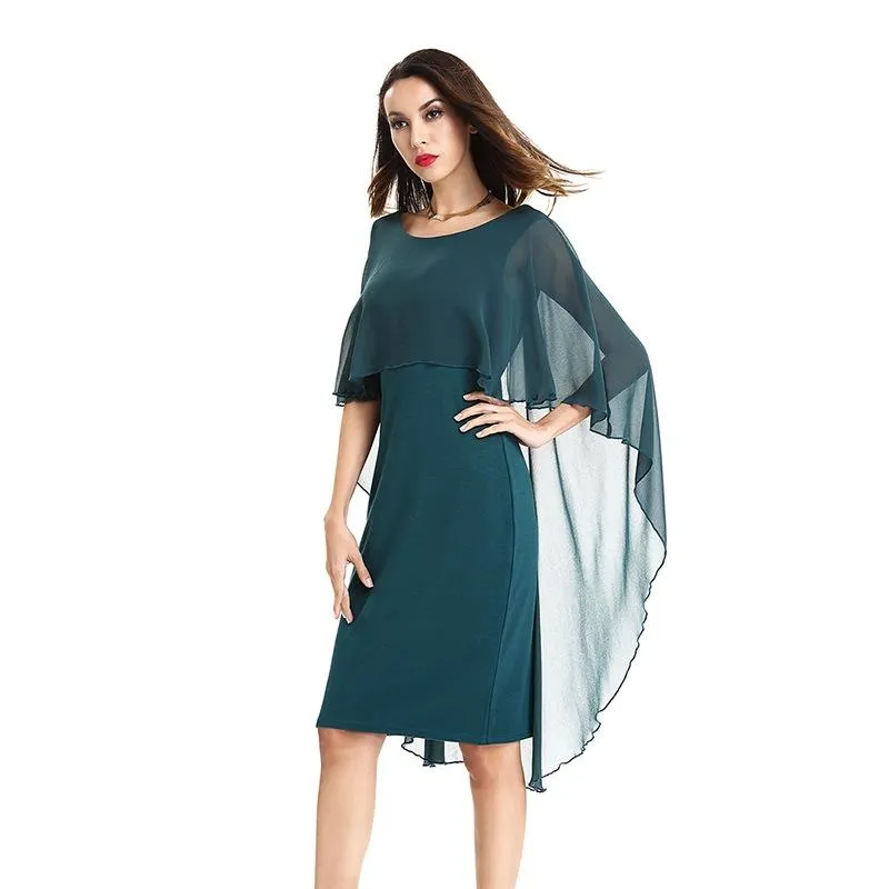 Plus Size S tot XXXXL Chiffon Cloak Batwing Party Avond Bodycon Potlood Jurken 3 Kleuren Zwart Groene Marine