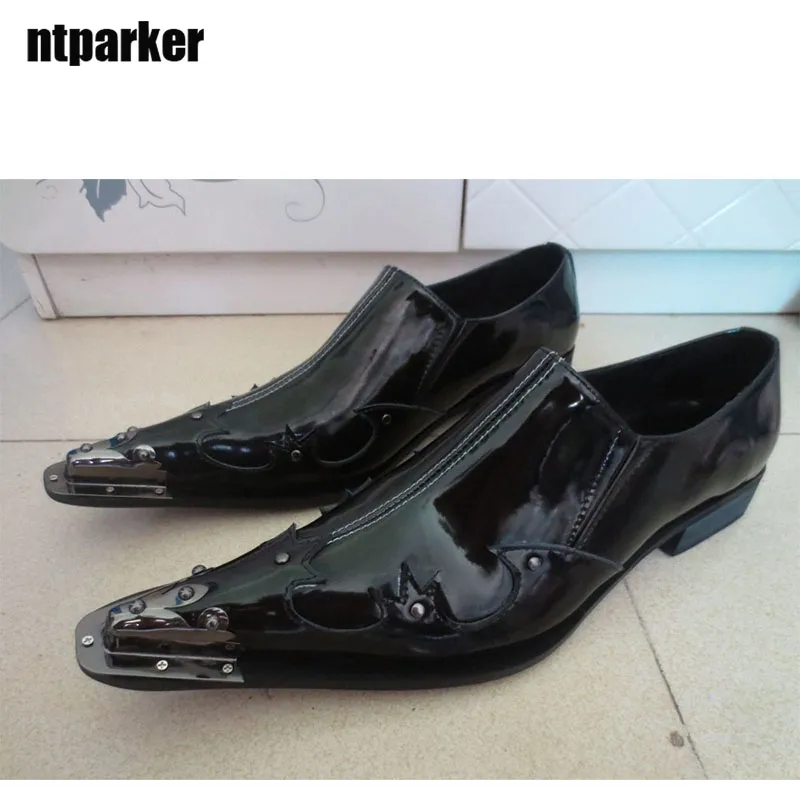 Luxury Handgjorda Herrskor Pekade Metal Toe Slip-On Black Leather Dress Shoes Zapatos de Hombre, Storstorlek EU38 till 46, US6 till US12