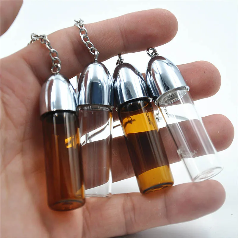 Mini Small Size Silver Smoking Accessories Brown Glass Snuff Case Snuff Bottle with Metal Spoon Spice Bullet Rocket Snorter