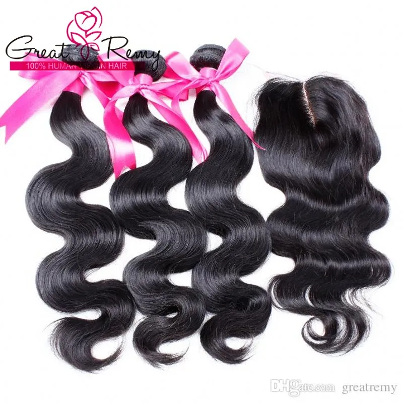 Virgin Hair Weave 100% Obehandlat Indiska Human Hair Extensions Naturfärg Kroppsvåg 2st Hårväv + Förslutning 4 