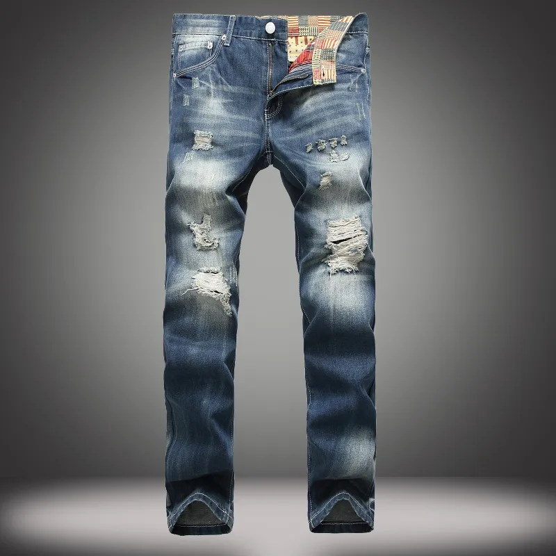 Мода рваные джинсы Прямые мужчины в Европе стенд тонкий ностальгический прилив Мужские брюки высокое качество джинсы
