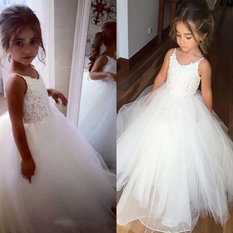 Ivory Flower Girls Dresses Wed Tulle Lace Top Spaghetti Formal Kids Wear For Party Communion Dress Tulle Cheap Toddler Pgeant Gowns