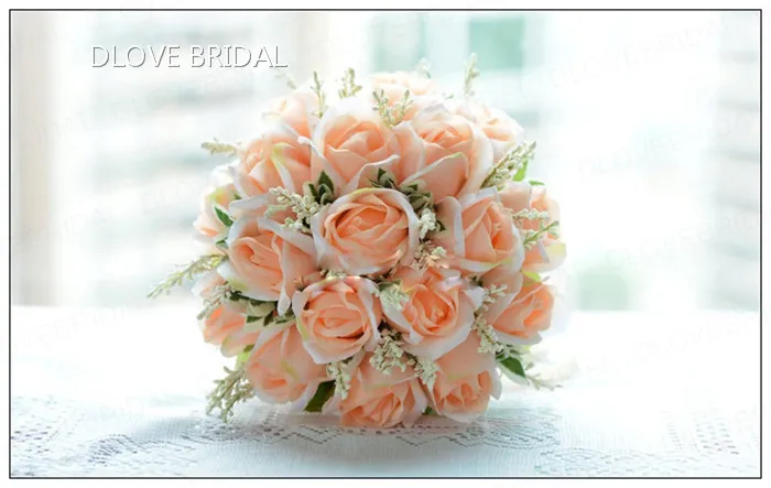 Bouquet de mariée rose pêche de haute qualité, 18 fleurs, fleurs vertes, feuilles de mariage, 100 bouquets de demoiselle d'honneur faits à la main avec R9775799