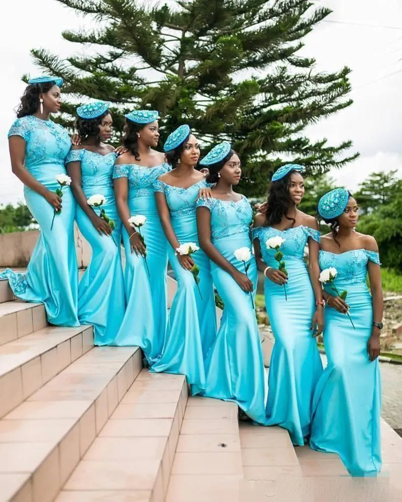 South African Plus Size Bridesmaid Dresses Turquoise Jewel Off The Shoulder Maid Of Honor Bridesmaid Dress Satin Arabic Wedding Guest Dress