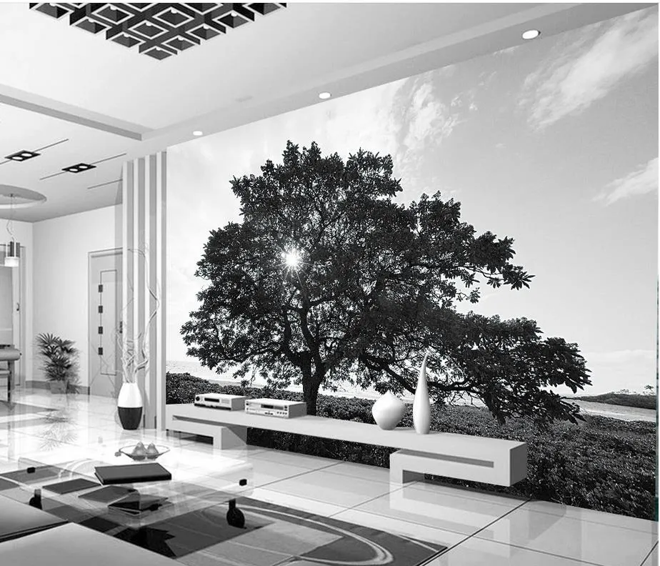 Siyah Beyaz Ağaçlar Peyzaj Duvar Resimleri Duvar Resmi 3D Duvar Kağıdı 3D Duvar Kağıtları TV Zemin