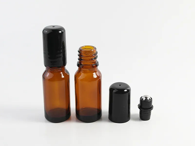 200 adet / grup Doldurulabilir Kalın Amber 5 ML / 10 ML Mini Rulo Cam Şişeler Uçucu Yağ Çelik Metal Rulo Top Koku Parfüm