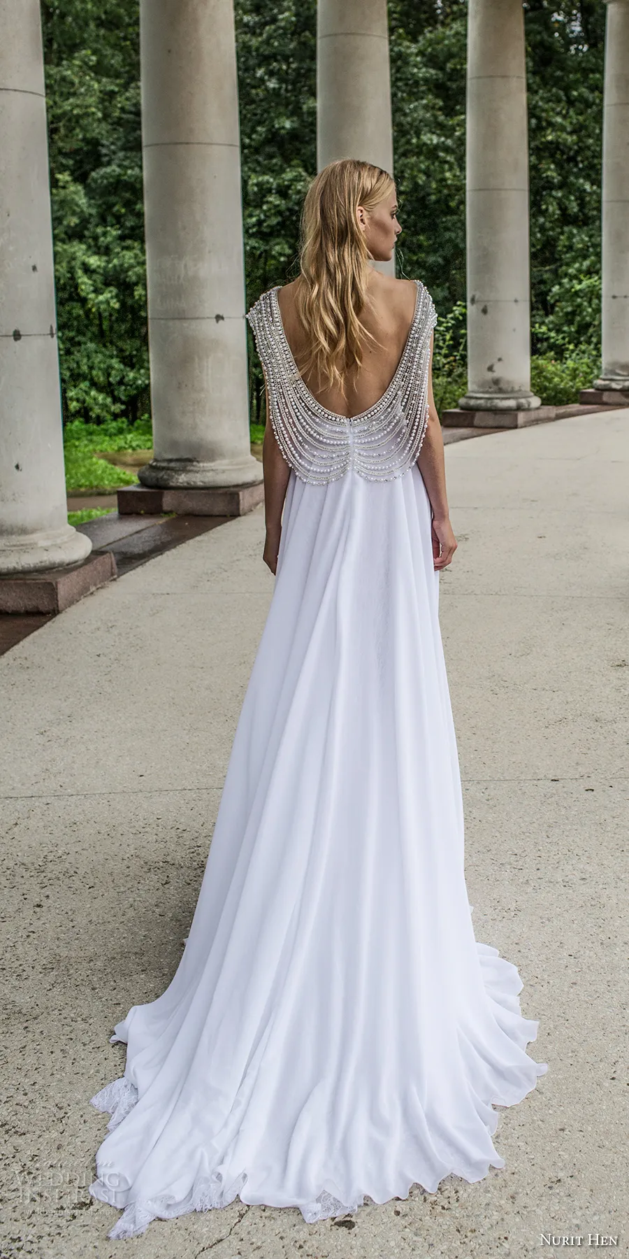 Nurit Hen 2019 Bridal Gowns Sheath Chiffon Maxi Dress For Wedding With Major Beaded Charming Open Back Jewel Illusion Chapel Train Vintage Garden From Magicdress2011 138.4 DHgate.Com