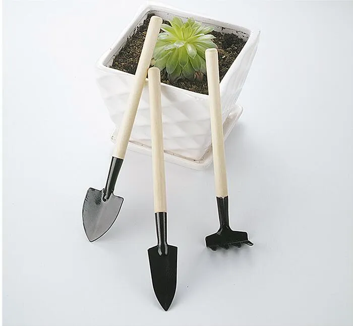 = 3 st Mini Garden Plant Verktyg Små Skovel Rake Spade Trähandtag Metal Head Potted Tools Kids Beach Toy Setl