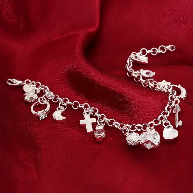 Vente chaude 925 Argent Plaqué Bracelet fit Femmes avec de nombreux Pendentifs Mignons Chaînes De Base Mignon Pendentif Chaînes Bracelets Bracelets Charme Perle Bracelet