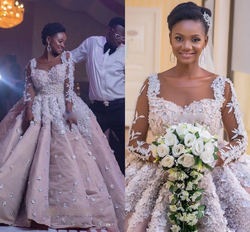 Luxo 3D apliques vestido de bola vestidos de casamento mangas compridas pura jóia vestidos de casamento de cristal África meninas vestidos nupciais