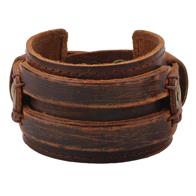 Bracelet manchette en cuir véritable pour hommes Chunky super large ceinture couverture poignet tatouage Snap fermeture cousue double bande noir brun punk unisexe