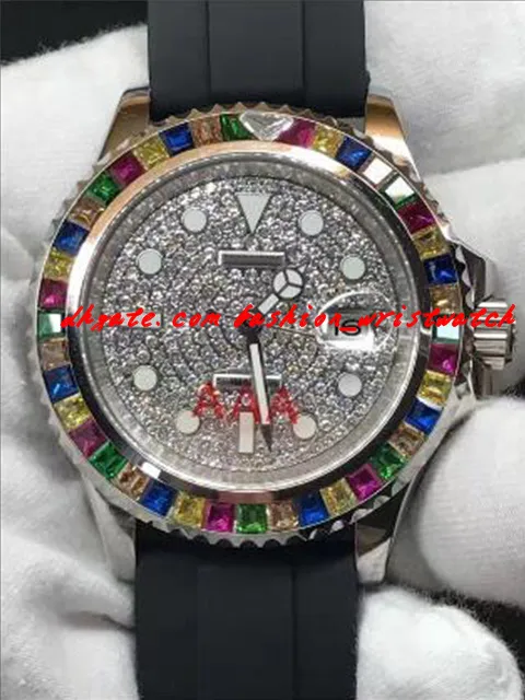 럭셔리 손목 시계 최고 품질 고무 팔찌 40mm 무지개 다이아몬드 시계 자동 기계 운동 남성 시계 시계 새로운 도착