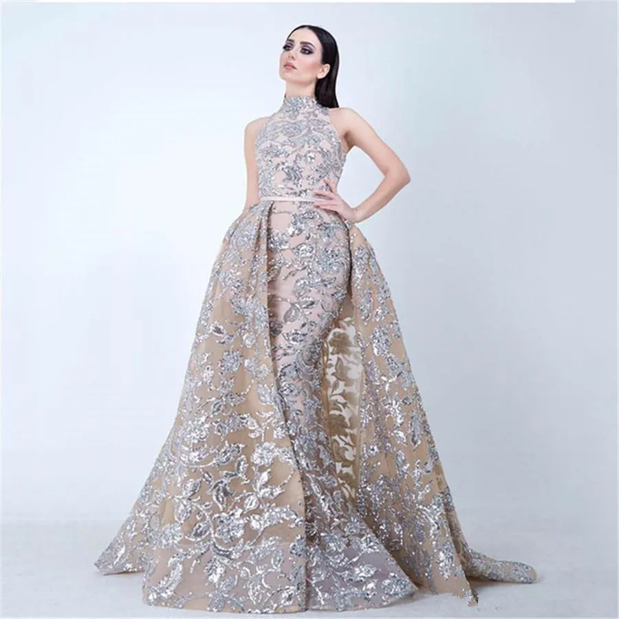 Yousef Aljasmi 2019 Modest High Neck Mermaid Prom Dresses with Overskirt Sparkly Lace Applique Dubai Arabic Occasion Evening Wear 220t