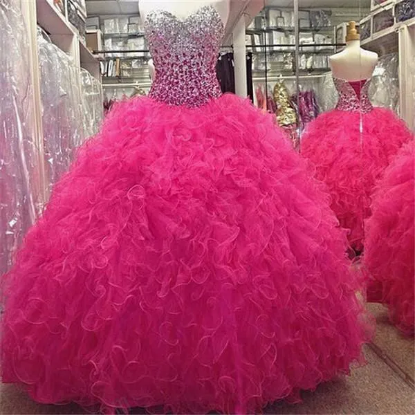 Bling Pink Quinceanera Kleider Kristall Rückenless Fuchsia Sweet 16 Kleider Maskerade Ballkleider Vestidos de 15 Anos billig Prom 843717