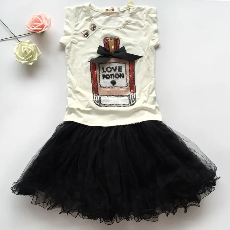 set di abbigliamento ragazze boutique abbigliamento bambini estate bottiglia di profumo bambini stampa camicie con paillettes maniche corte + tutu con volant gonne abiti bambini