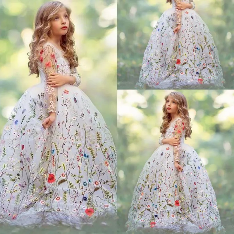 Magnifique Broderie Filles Pageant Robes Robe De Bal Blanche Sheer Manches Longues Robes De Fille De Fleur Pour Le Mariage Organza Enfants Robe De Fête