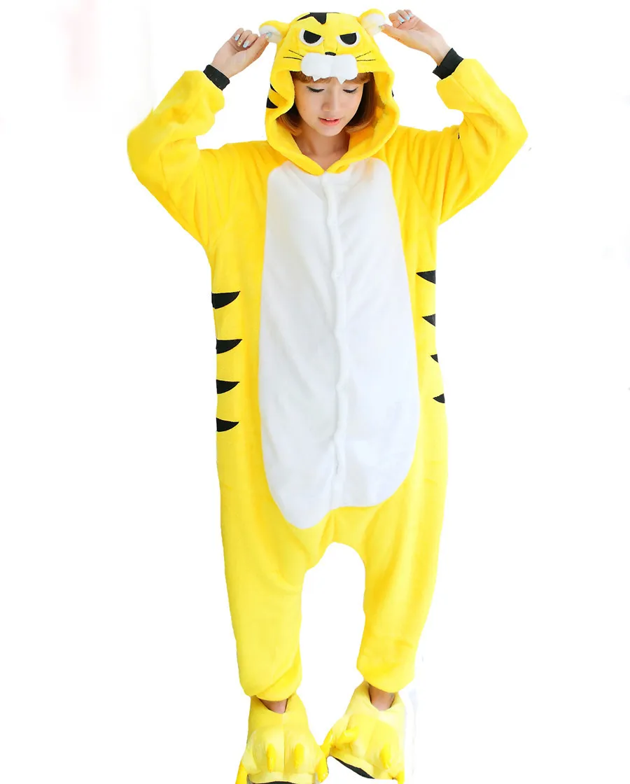 Niedliche Tier-Pyjamas, gelber Tiger, Cartoon, Cosplay, Kleidungsstück, Winter, Erwachsene, Zuhause, Schlafkleidung, Flanell mit Schwanz, Pyjama, Unisex