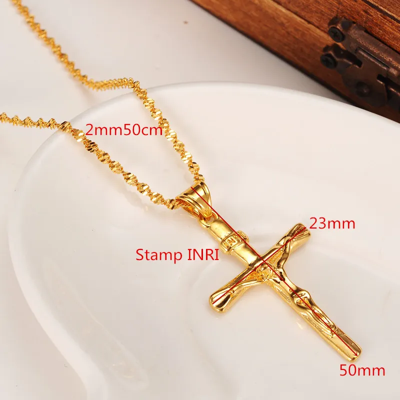 Män Cross Halsband Hänge Kvinnor INRI Juses Crucifix Kristendomen Smycken 24K gult massivt guld GF INBI Jesus of Nazareth King