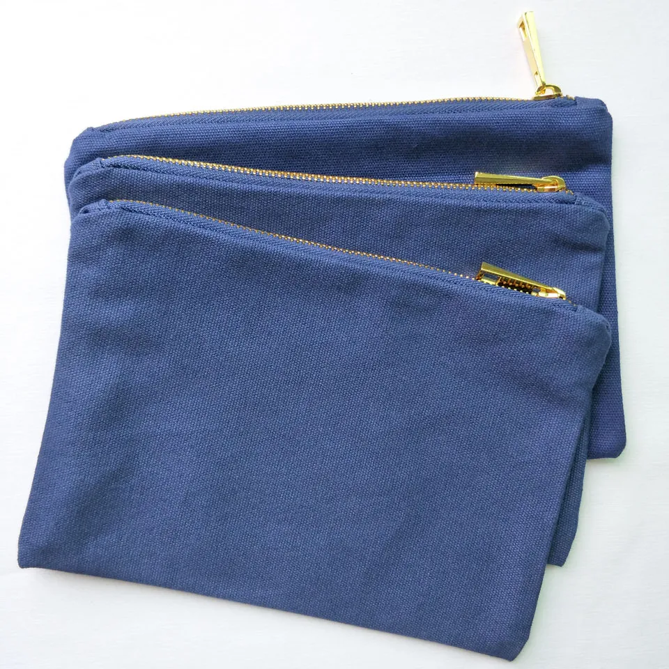 6x9in borsa il trucco in tela di cotone blu scuro da 12 once con zip in metallo dorato fodera in oro tinta unita fabbrica di borse cosmetiche in tela blu navy in stoc295p