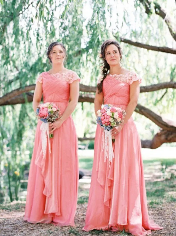 Coral Bridesmaid Dress Country Wedding Long Bridesmaid Dresses Women Formal Gowns Lace Cap Sleeves Main of Honor Gown Ruched Chiffon