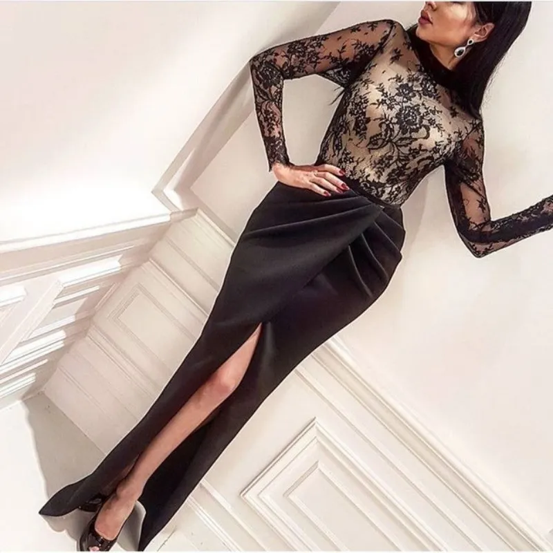 Black Stylish Sexy Prom Dress High Neckline Lace Long Sleeves Front-Split Ruched Women Formal Party Dresses 2017 Satin Mermaid Evening Gowns