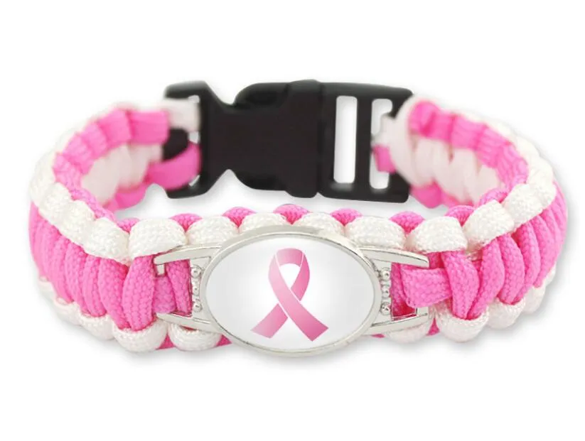 wholesale 7 styles Pink Breast Cancer Fighter Hope Ribbon Awareness Paracord Bracelets Blue Yellow Black Outdoor Camping