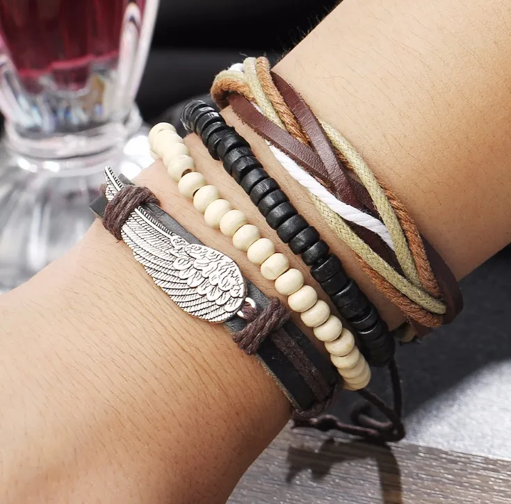 Mehrschichtiges Armband, Punk-Türkische Flügel-Armbänder für Damen und Herren, Perlen-Armband, Manschetten-Lederarmband, ethnischer Vintage-Schmuck, Bijouterie