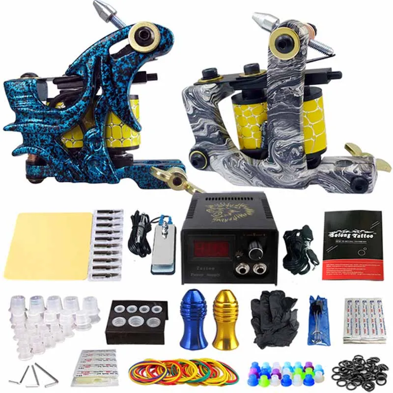 Beginner Complete Complete Tattoo Kit 2 Professional Tattoo Machine Zestaw Cewki Pistolety Maszynowe Zasilanie Uchwyty Igły Zestaw Darmowa Wysyłka